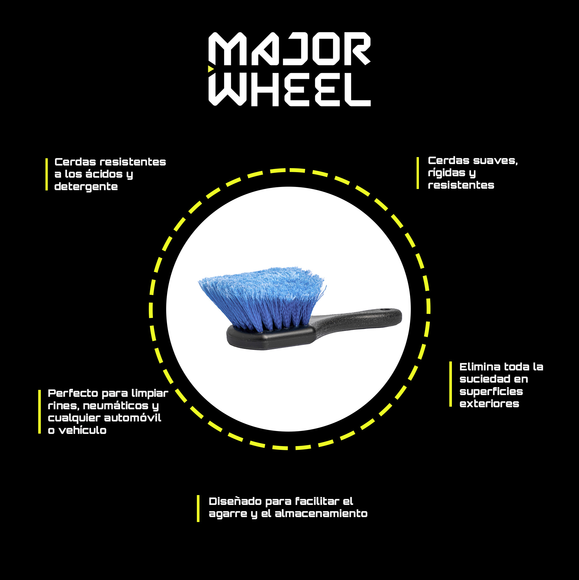 Cepillo Corto Suave Para lavado de Superfices Exteriores como Tolva Llantas para Coches Autos Motos