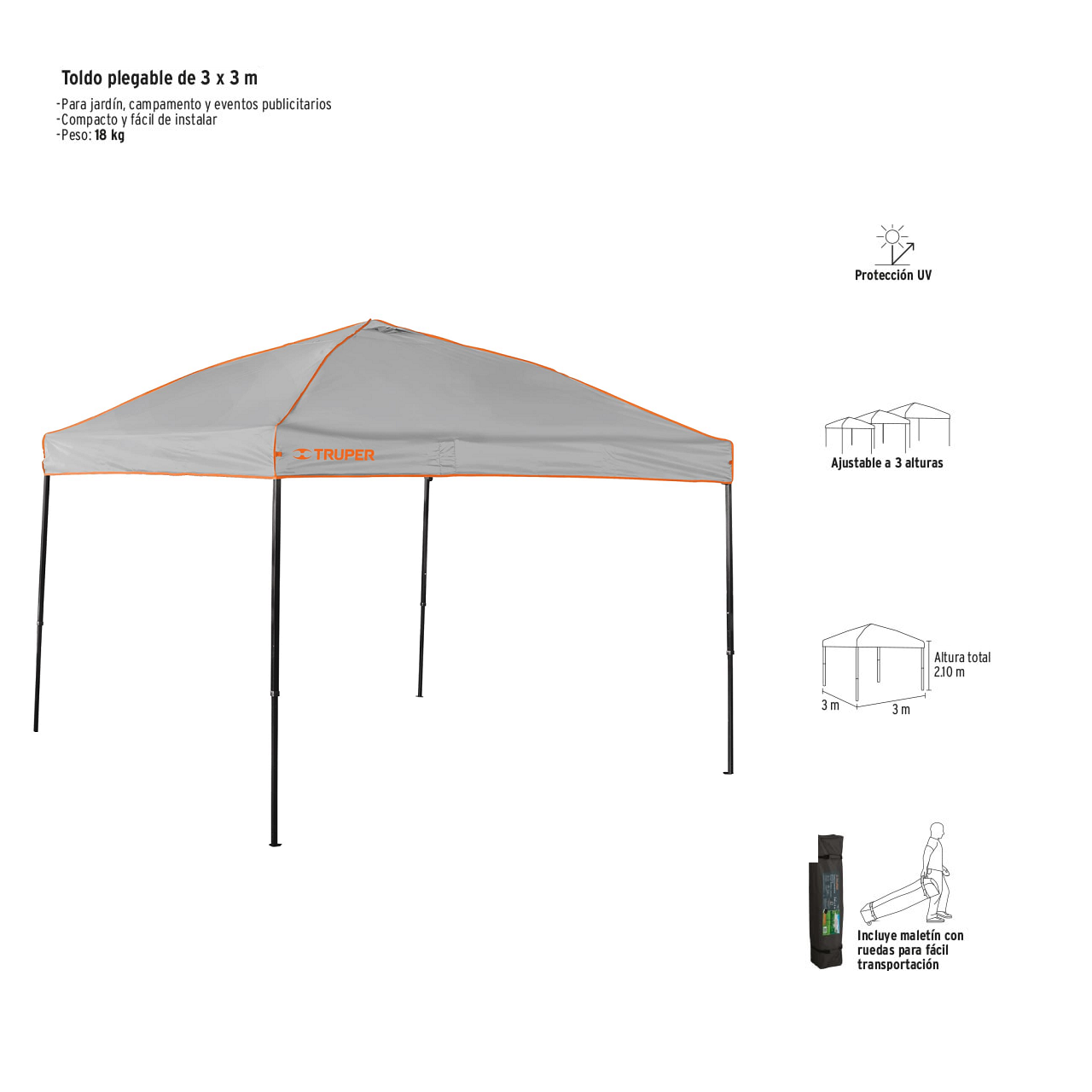 Toldo plegable Lona de 3 x 3 m Incluye Maletín de Ruedas , Truper Ideal para Jardín 