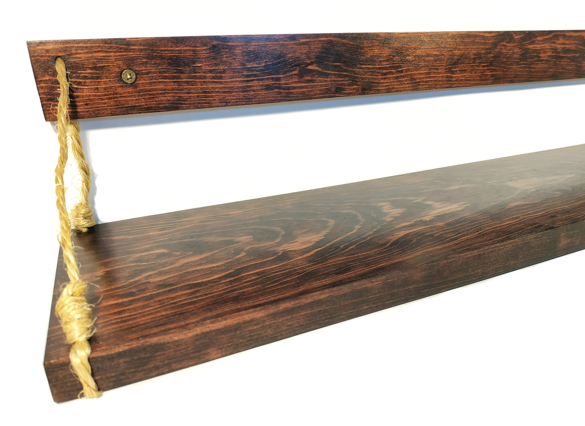 Brico Repisa Flotante de Madera Natural Solida de Pino y Cuerda de Henequen, Color Rojo Caoba