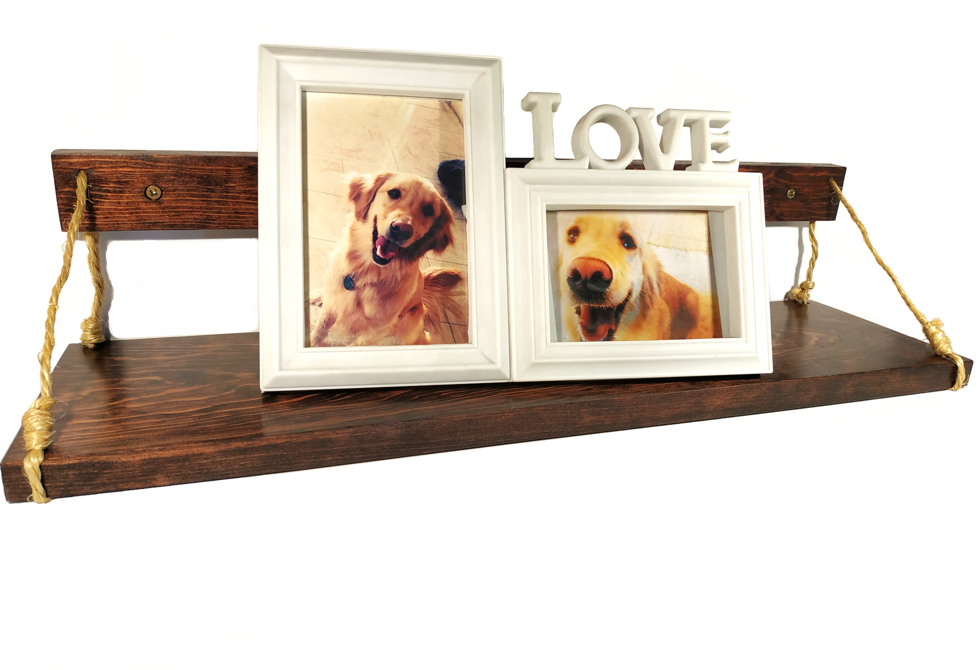 Brico Repisa Flotante de Madera Natural Solida de Pino y Cuerda de Henequen, Color Rojo Caoba