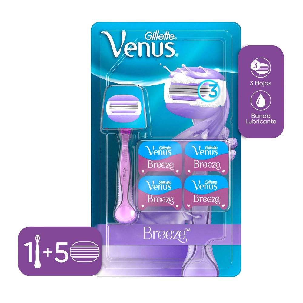 Rastrillo Recargable Gillette Venus Breeze con Fragancia Floral, para Mujer, Afeitadora con 5 Repuestos