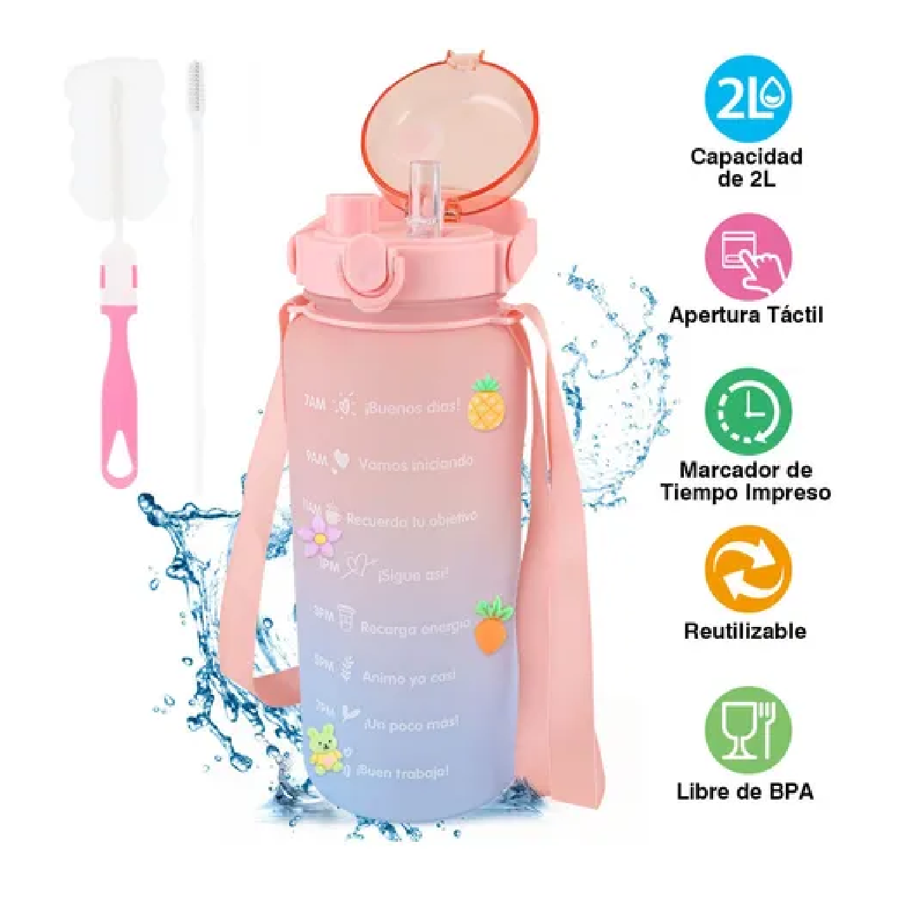 Botella De Agua Deportiva Anti Fugas  Capacidad 2 L Rosa plus