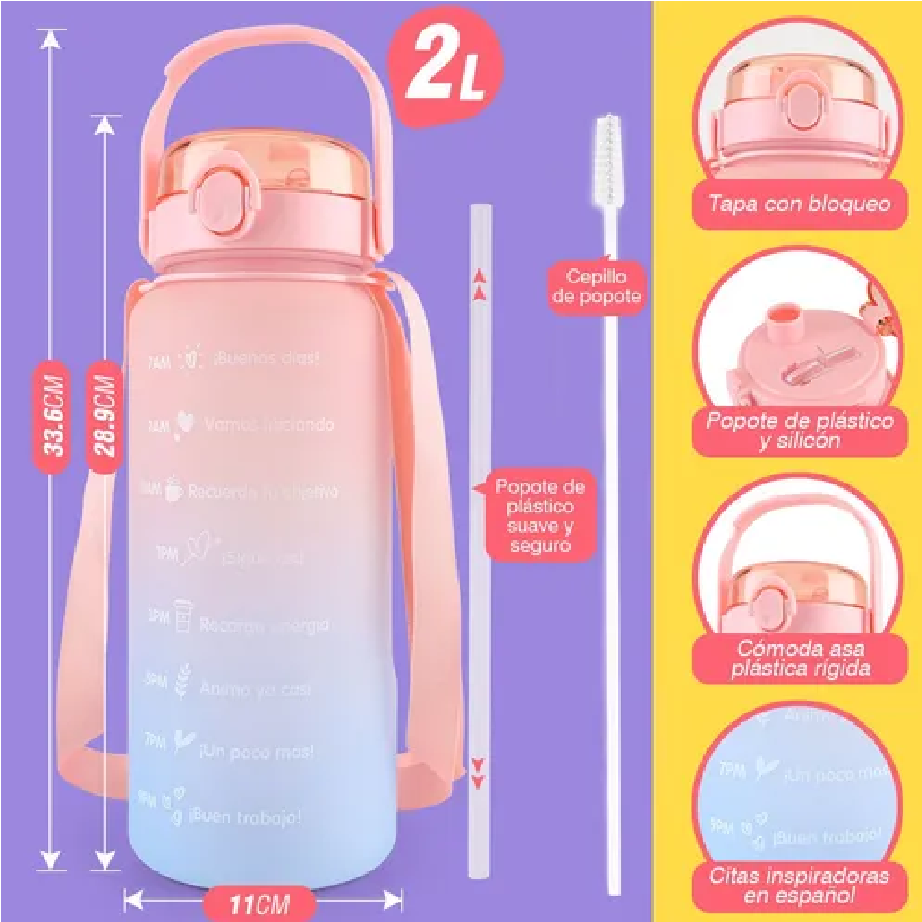 Botella De Agua Deportiva Anti Fugas  Capacidad 2 L Rosa plus