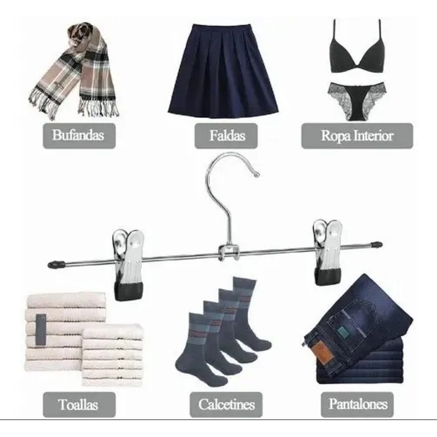 Gancho Para Ropa Pantalon De Metal Cromado Con Pinzas 10pzas