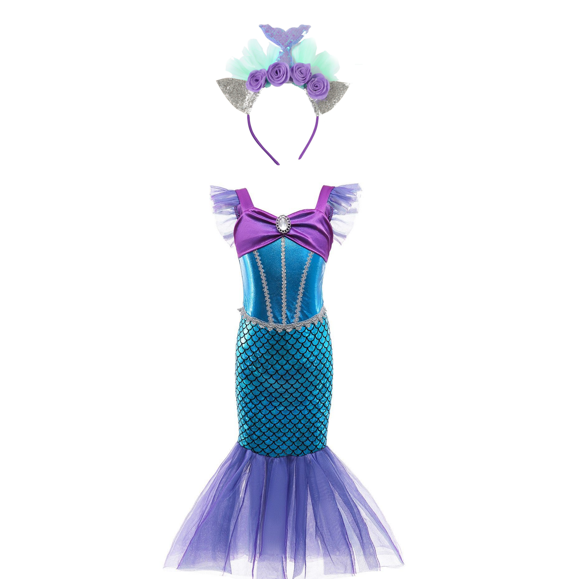 Disfraz Sirena Para Niñas Vestido Princesa Con Diadema