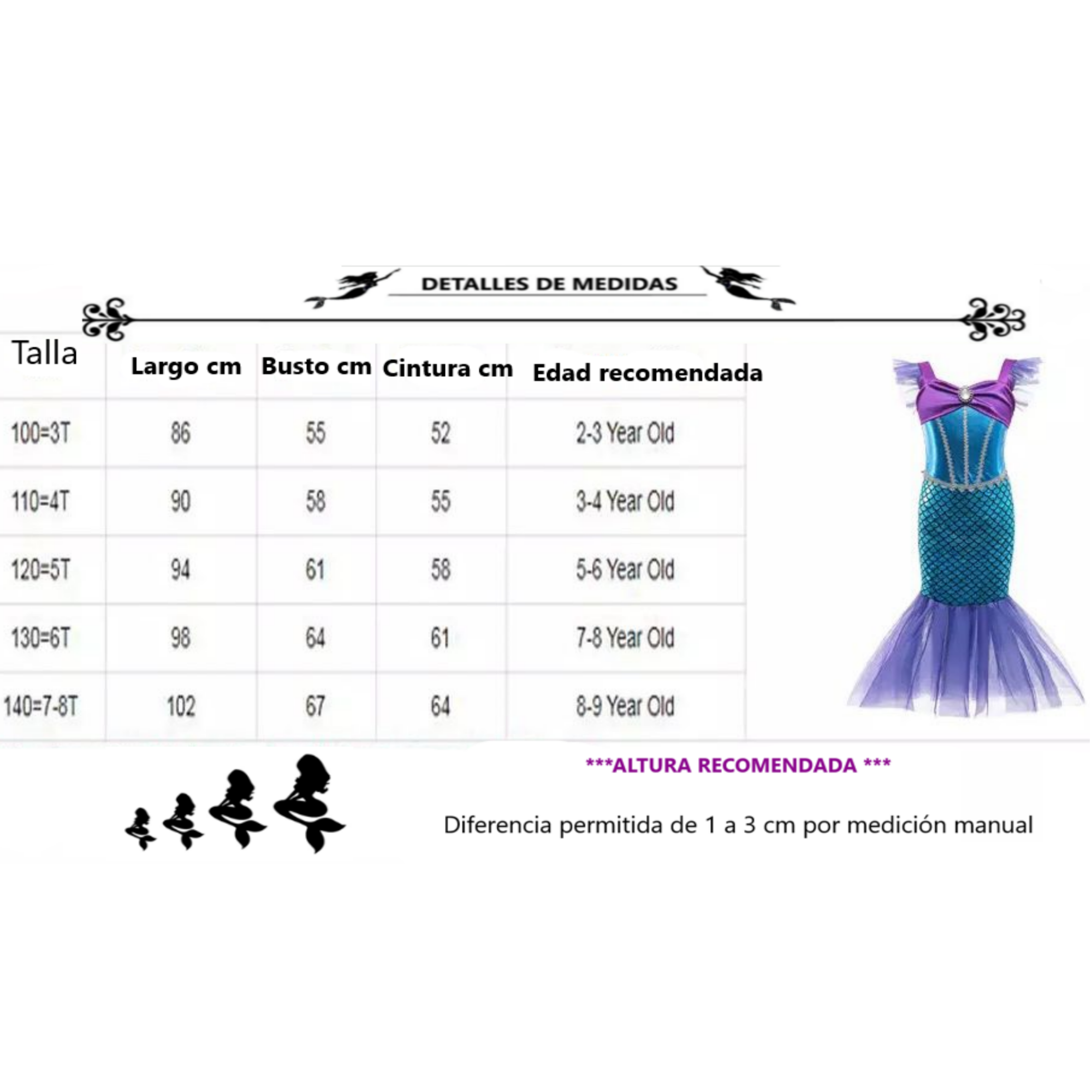 Disfraz Sirena Para Niñas Vestido Princesa Con Diadema 