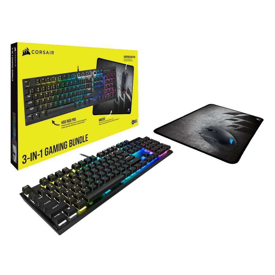 Kit Corsair 3 en 1 Harpoon RGB Pro + Teclado K60 RGB Pro + Tapete para Mouse mm300