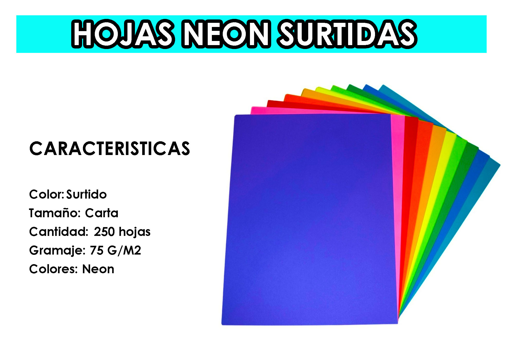 Papel 250 Hojas Bond Colores Neon Surtidos Tamaño Carta 75gr