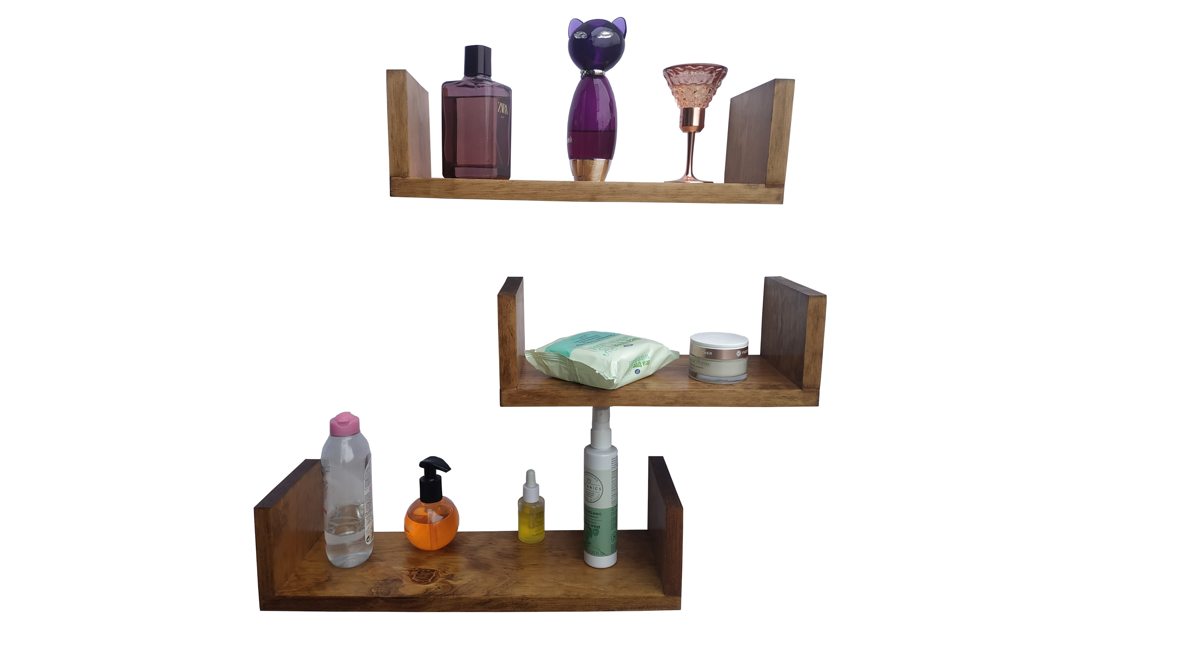 Brico, Juego de Tres Repisas Flotantes de Madera Natural Solida de Pino en Forma U, Color Early American