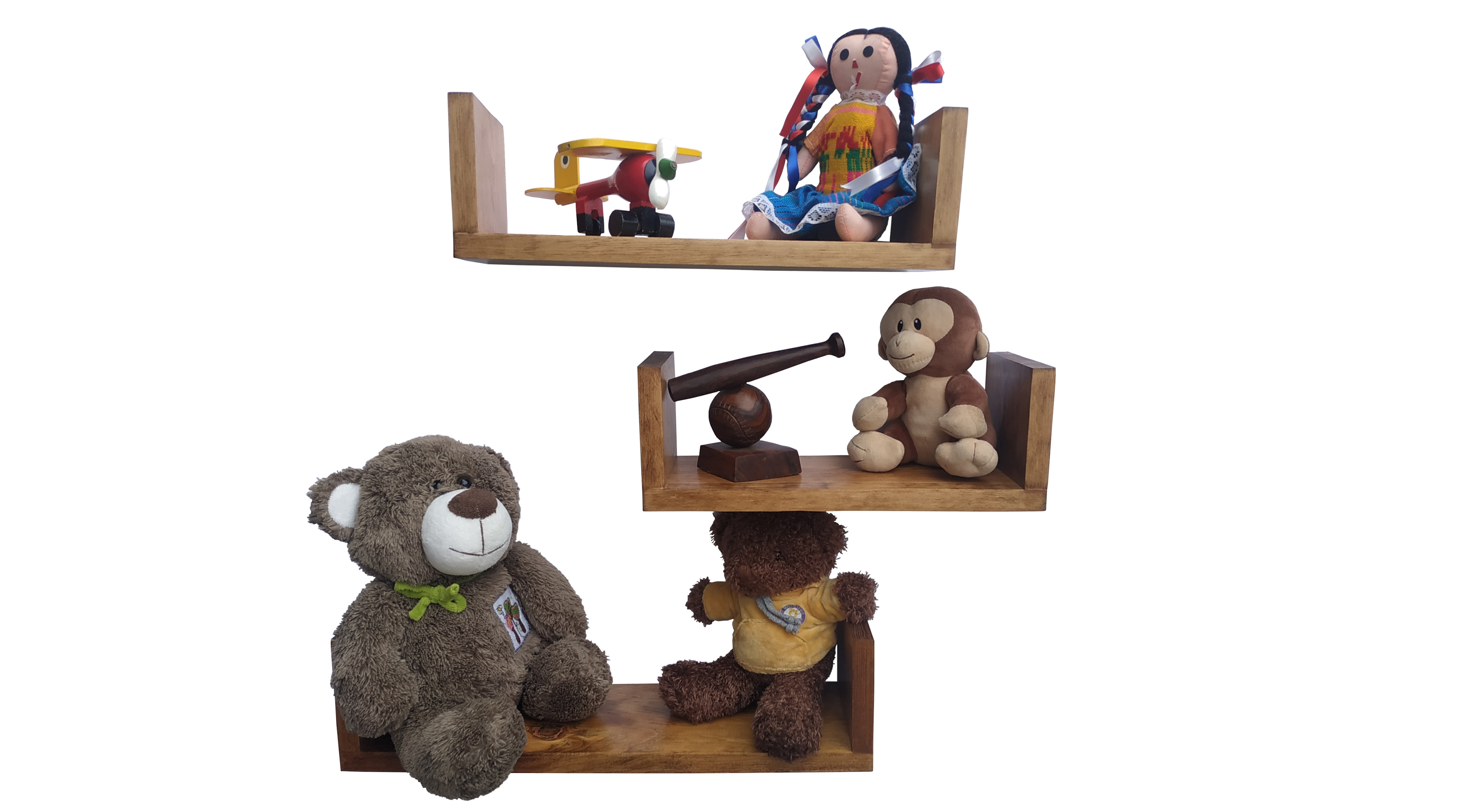 Brico, Juego de Tres Repisas Flotantes de Madera Natural Solida de Pino en Forma U, Color Early American