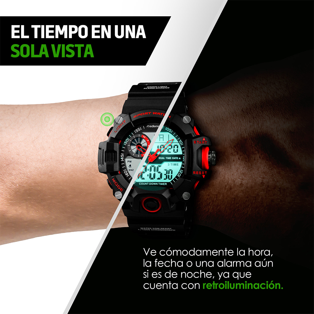 Redlemon Reloj Digital y Análogo Sport Contra Agua 1331 Cronómetro Alarma