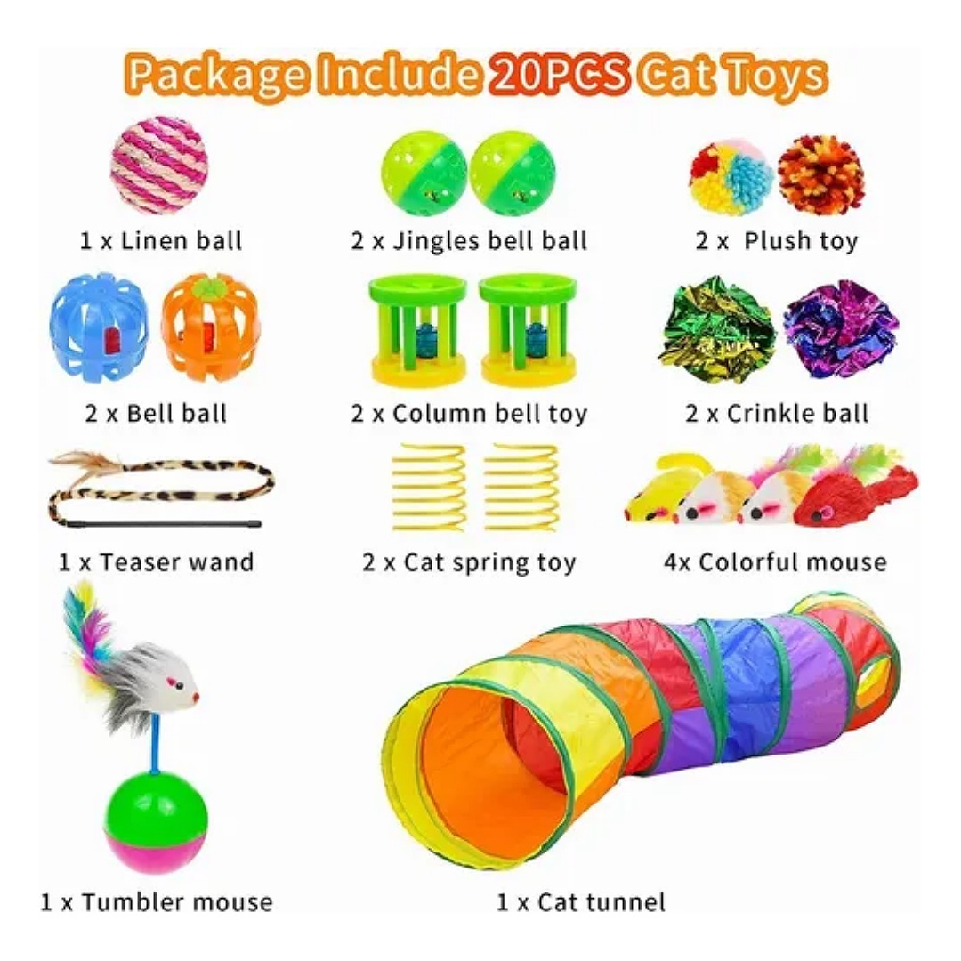 Juguetes Para Gato 20 Pcs Pluma Varita Bola Túnel Ratone