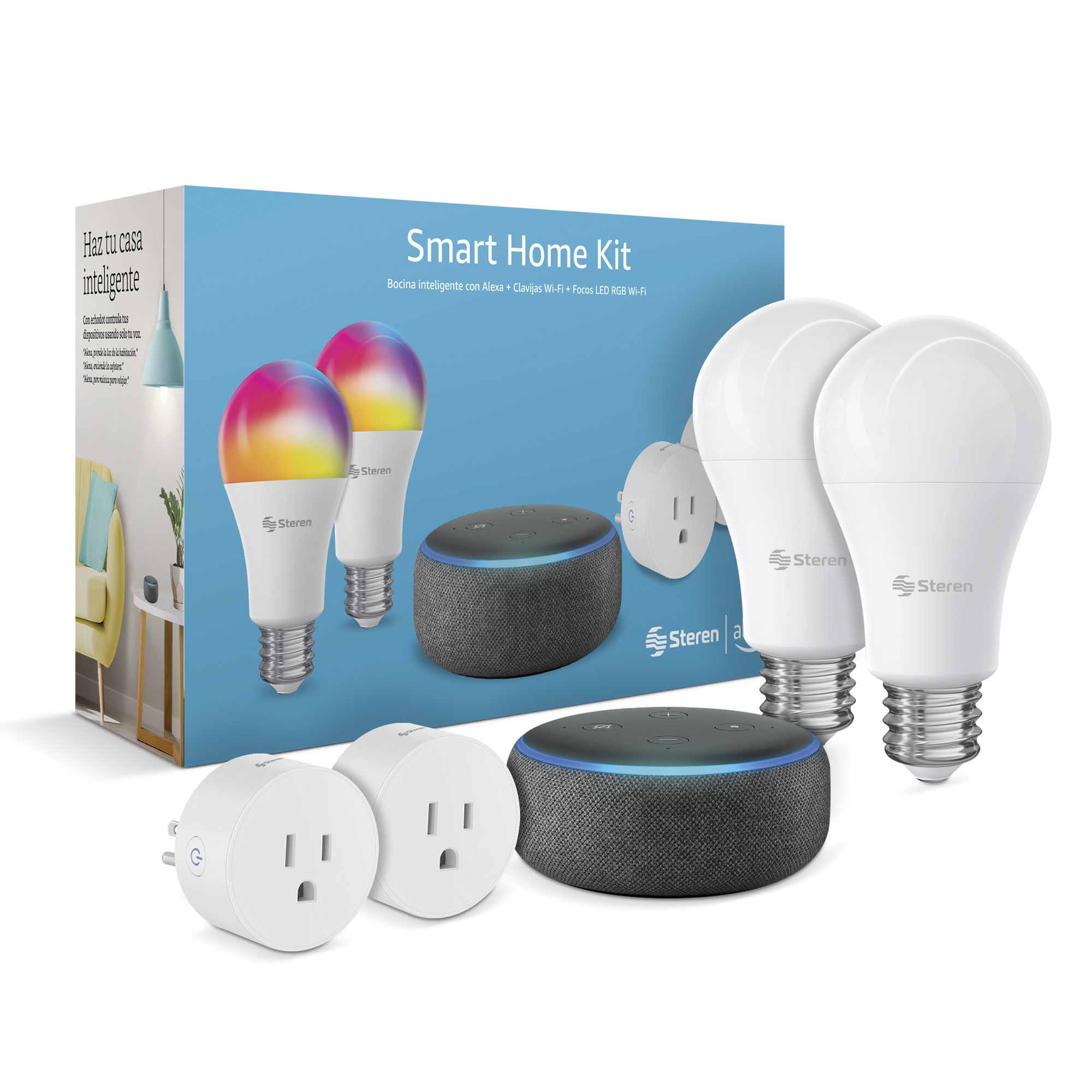 Steren Paquete Smart Home Alexa, 2 cables y 2 contactos Wi-Fi, Haz tu Casa Smart con el Paquete más Smart de Steren