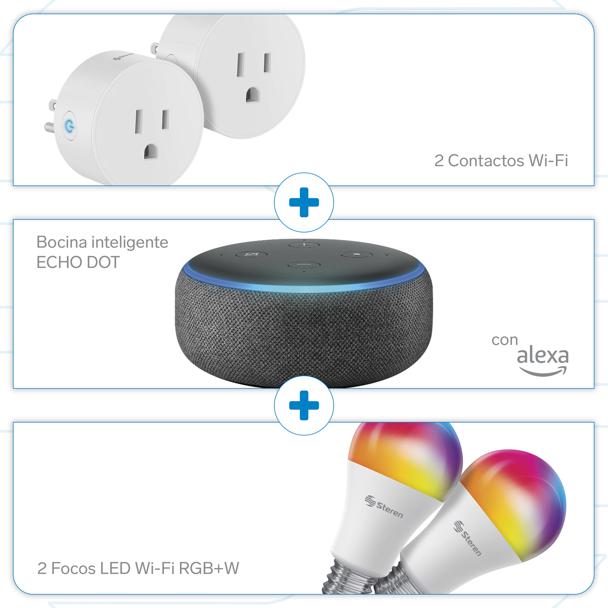 Steren Paquete Smart Home Alexa, 2 cables y 2 contactos Wi-Fi, Haz tu Casa Smart con el Paquete más Smart de Steren