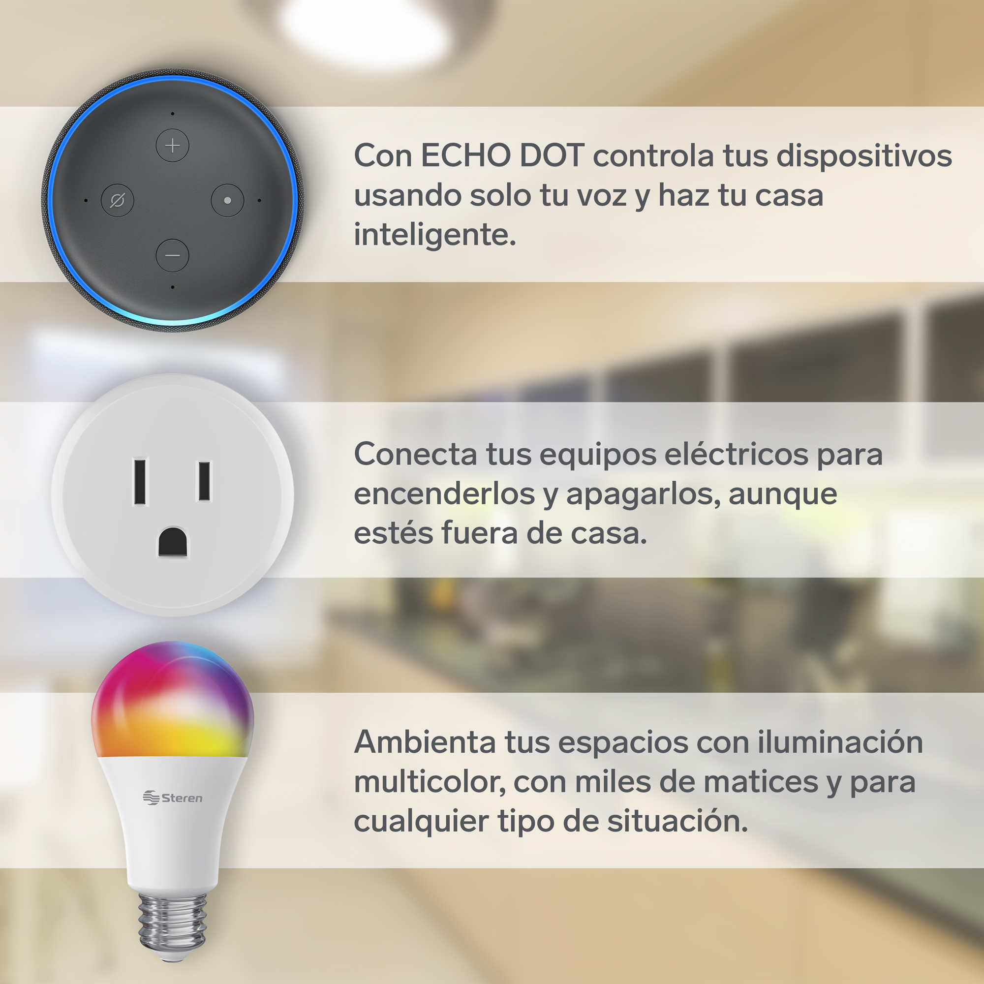 Steren Paquete Smart Home Alexa, 2 cables y 2 contactos Wi-Fi, Haz tu Casa Smart con el Paquete más Smart de Steren