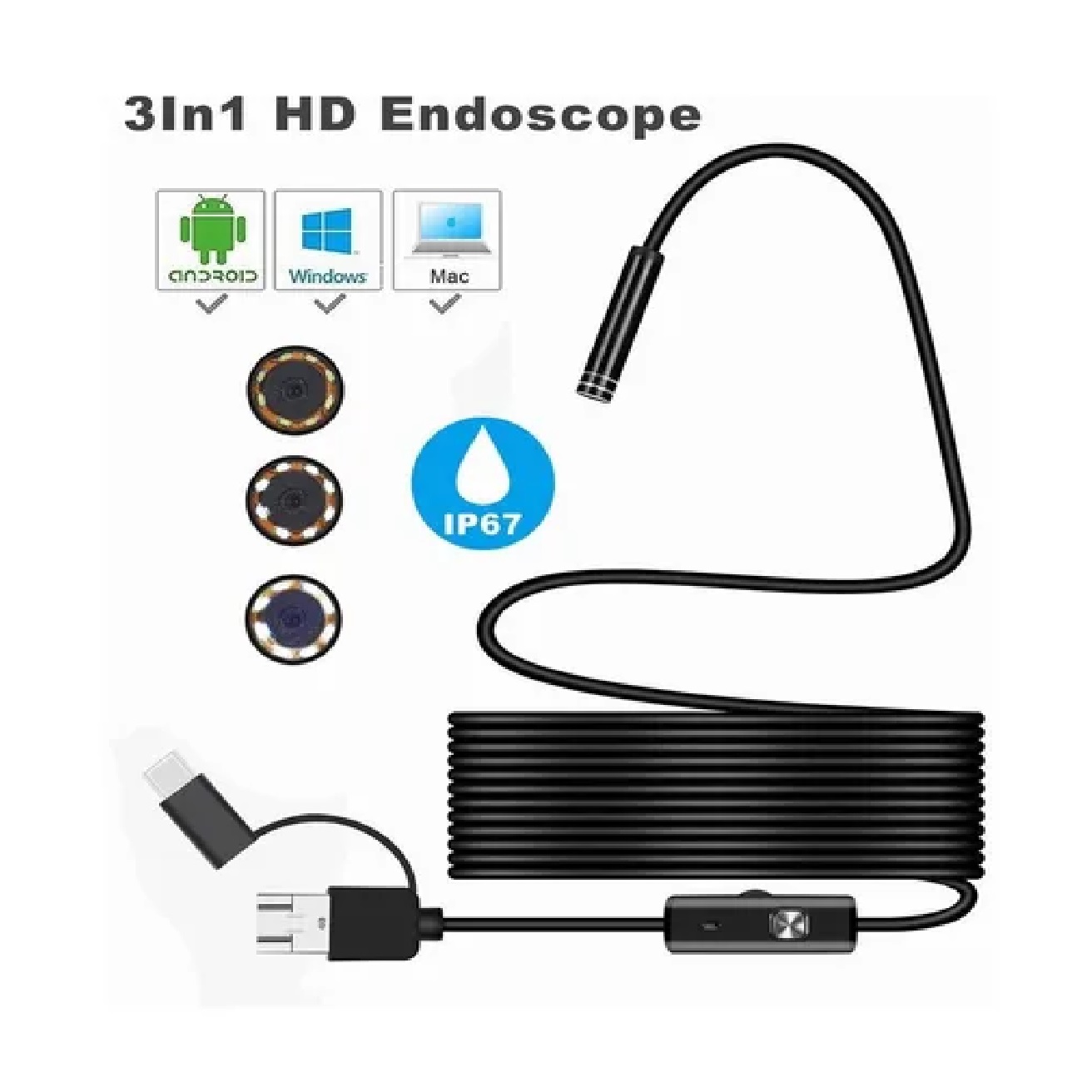 Camara Endoscopio De 5m, Otg Usb 3 En 1 Para Android Y Pc