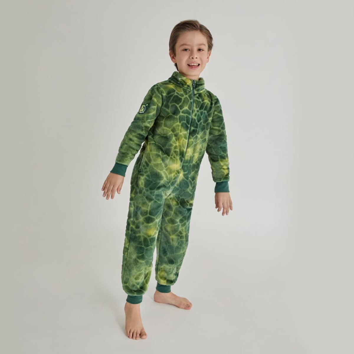 Mameluco 3D marca Next & Co. para niño de dinosaurio, color verde, con capucha desmontable. 