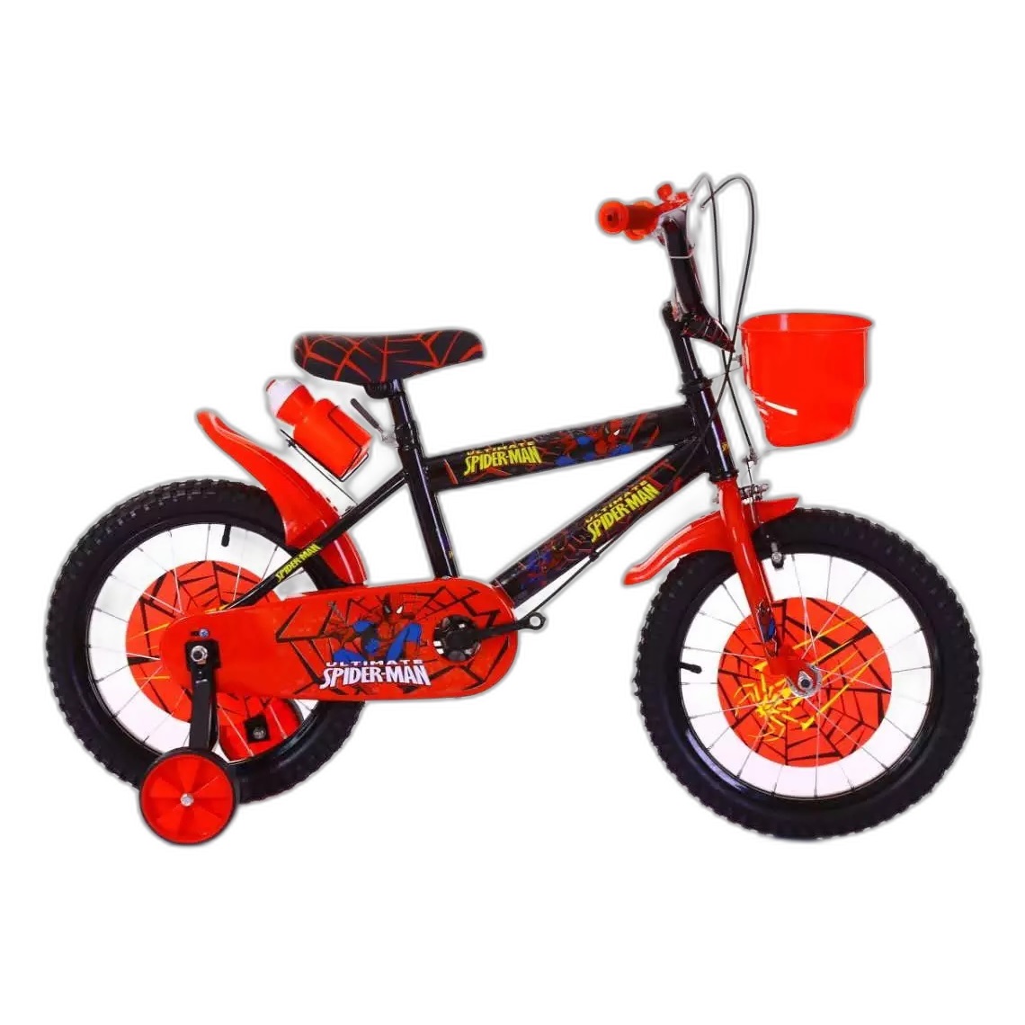 Bicicleta Infantil Spiderman Rodada 16 Spider Cuadro Negro con accesorios Rojos y Anfora de regalo 