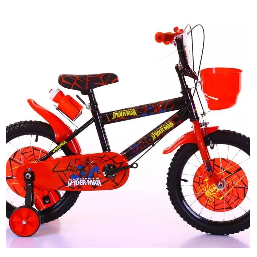Bicicleta Infantil Spiderman Rodada 16 Spider Cuadro Negro con accesorios Rojos y Anfora de regalo 