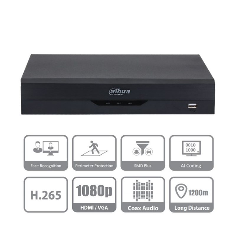 DVR de 8 Canales 5 Megapíxeles Lite- DAHUA XVR5108HS-I2 (I3) / WizSense/ H.265+/ 8 Canales HDCVI+4 IP/ Hasta 12 Canales IP/ 1 Canales de Reconocimiento Facial/ SMD Plus/ 1Ch Protección Perimetral/ 1 Sata de Hasta 10 TB/