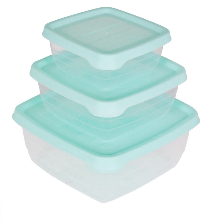 Set Tupper de 3 Herméticos Cuadrados Turquesa Recipiente Comida