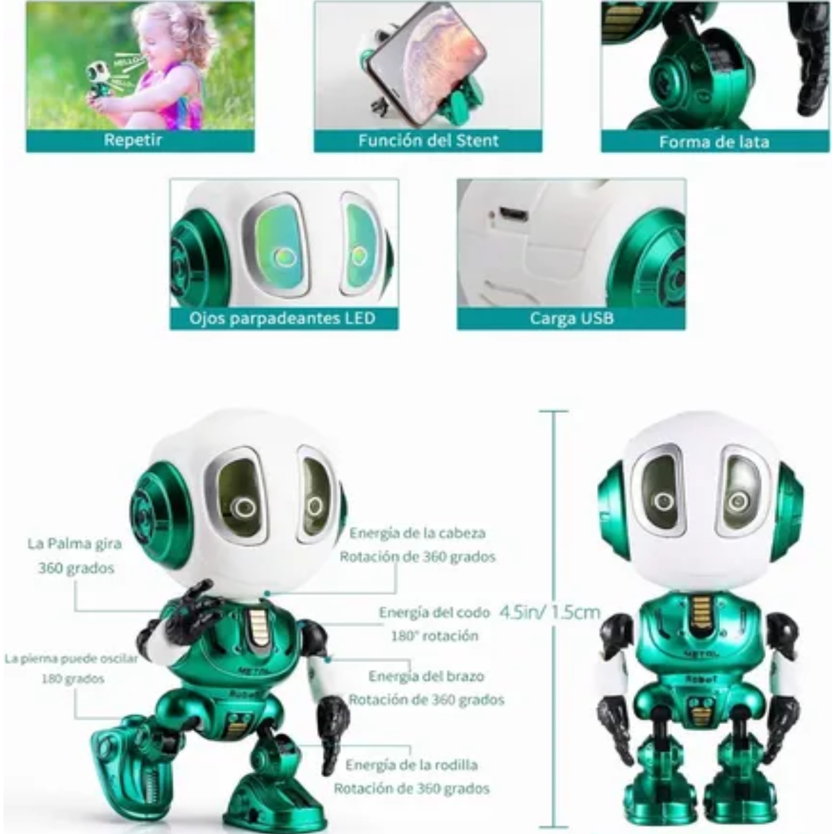 Robot Parlante Táctil Recargable De Metal Verde Azul