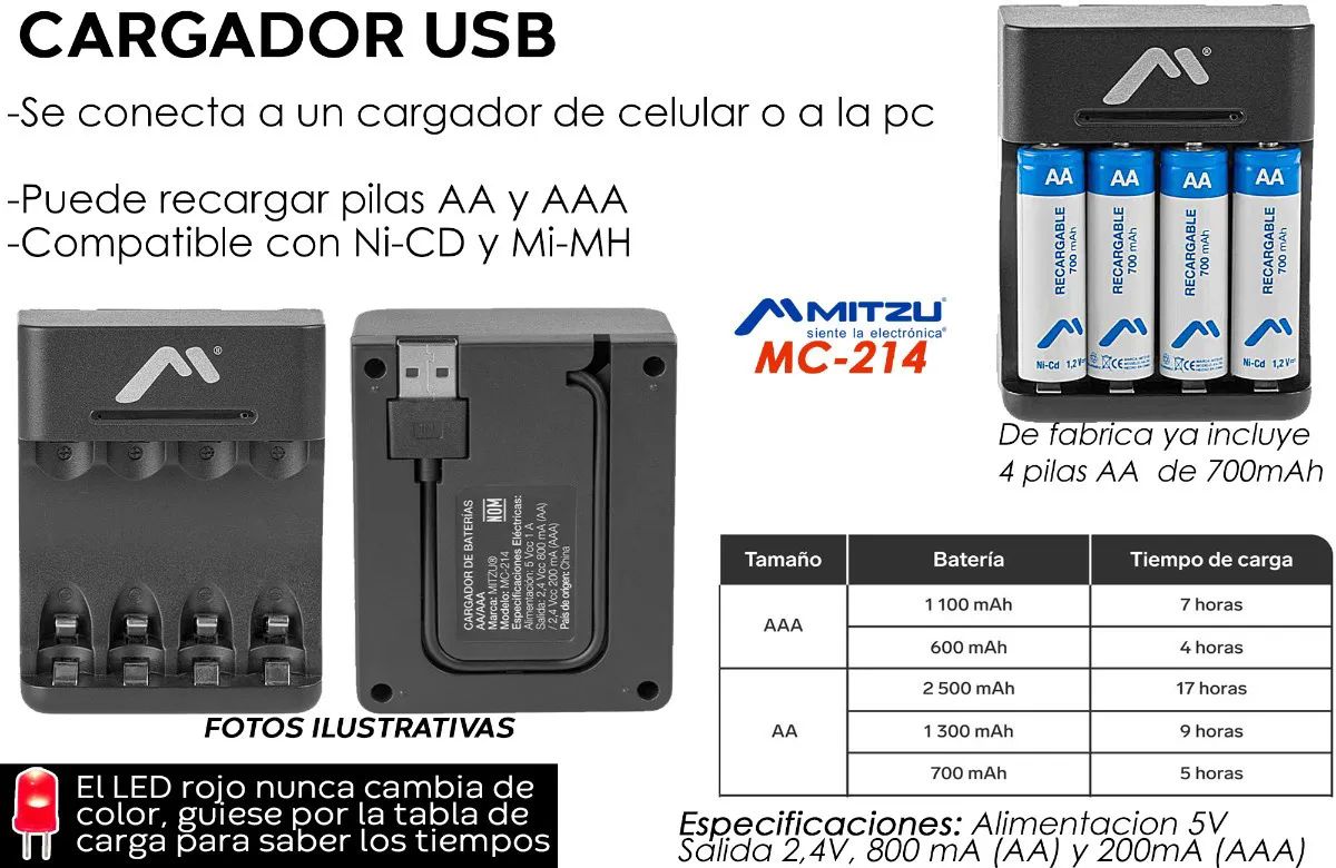 Cargador Con Pilas Recargables Aa Doble A 1.2 Aparatos