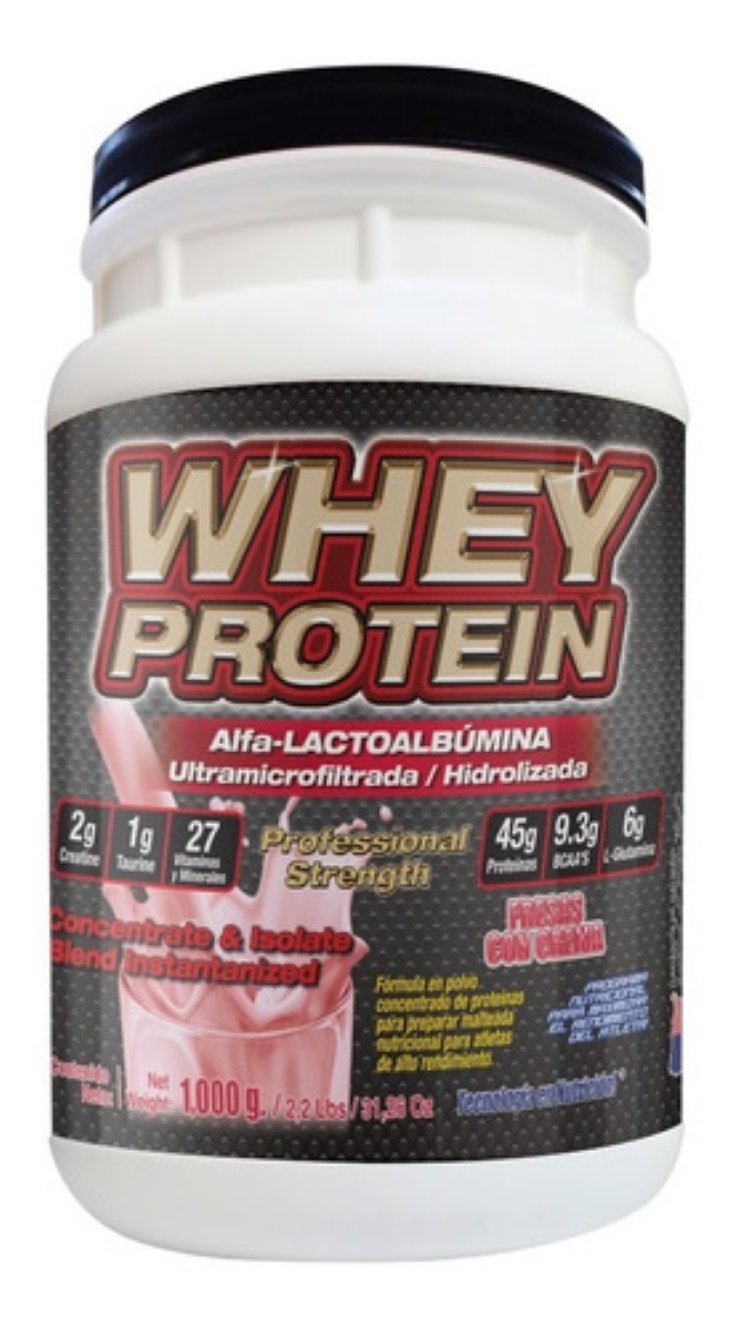 Suplemento en polvo Whey Protein 1000 Gr  Proteina Sabor Fresa con Crema 