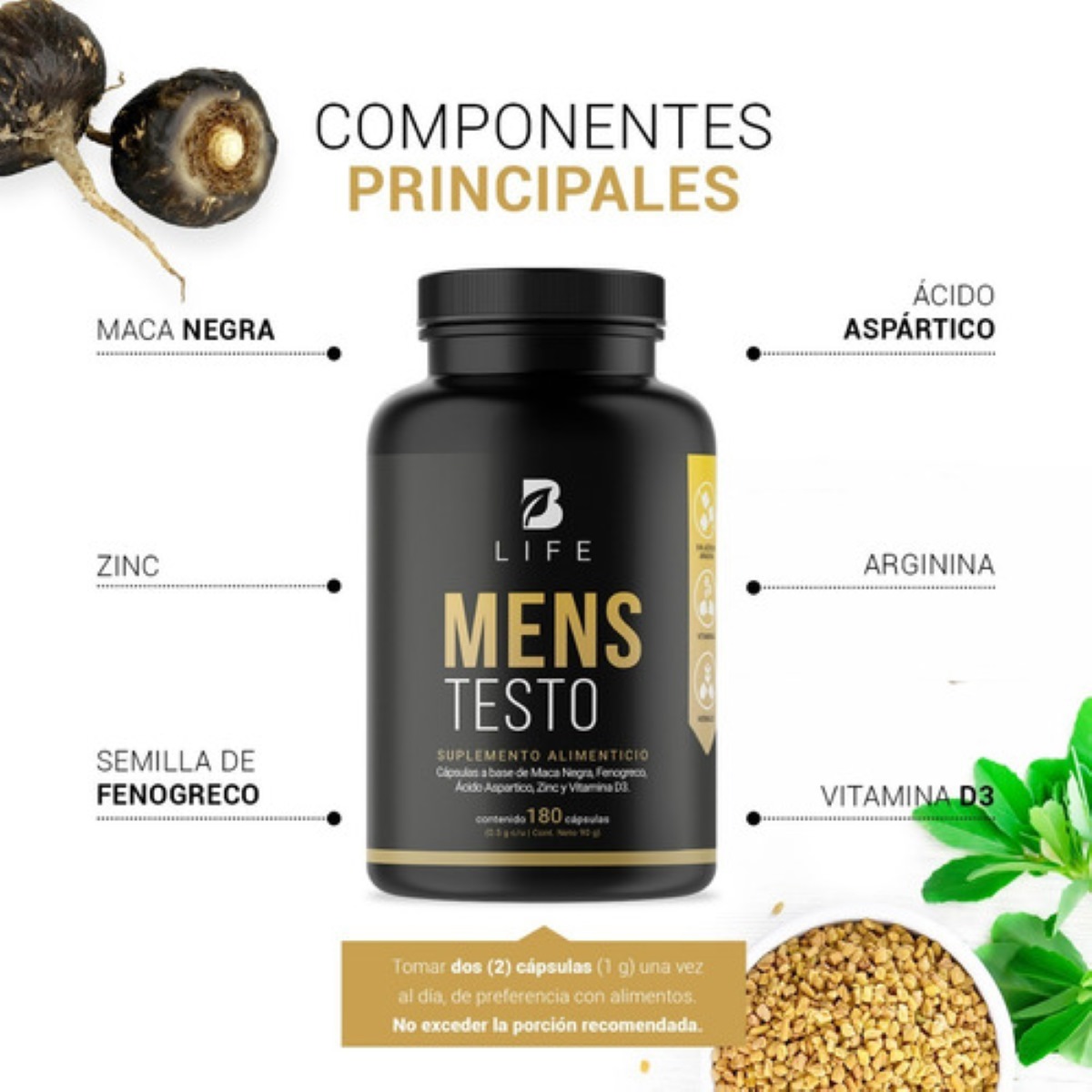 180 Cápsulas Maca Negra  Fenogreco Testosterona Hombre