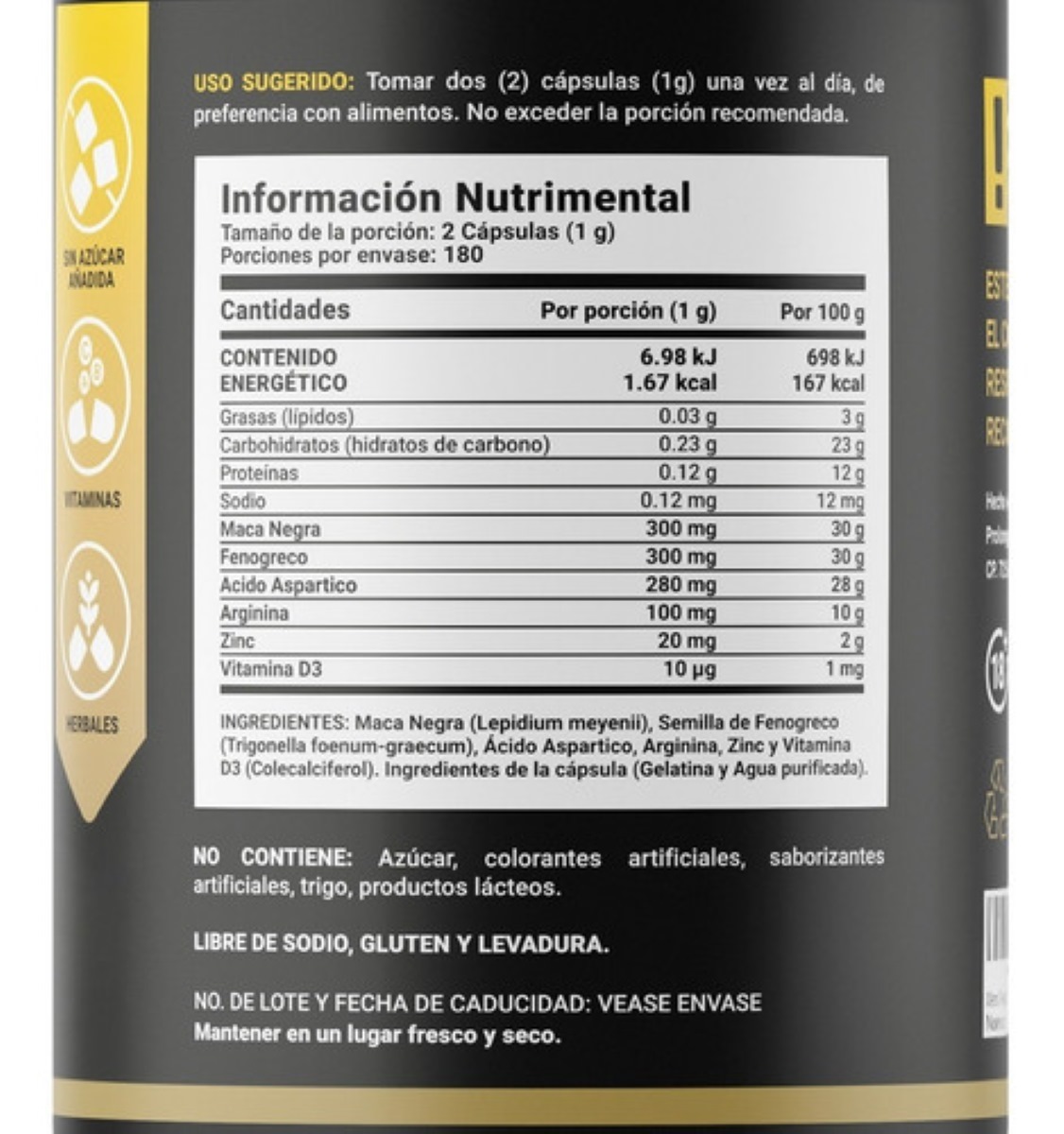 180 Cápsulas Maca Negra  Fenogreco Testosterona Hombre