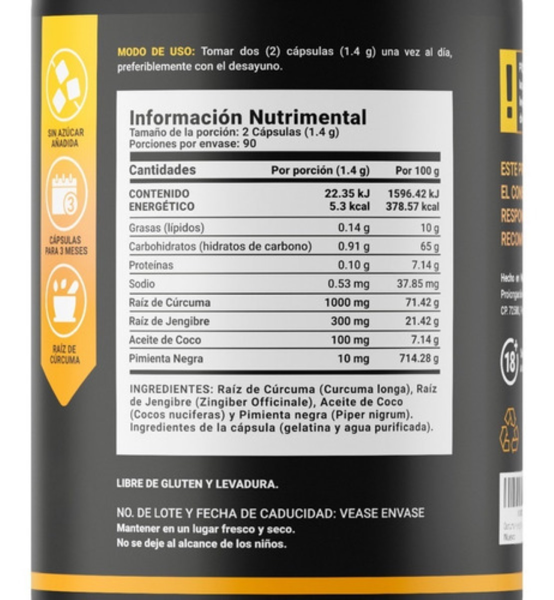 Cúrcuma + Jengibre Con Aceite De Coco 180 Cápsulas B Life