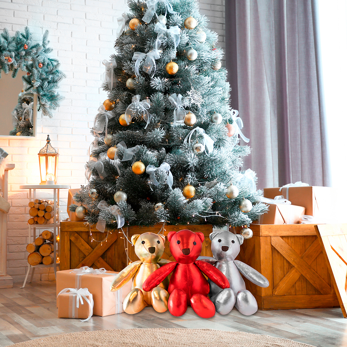 Decoración Navidad Oso de Tela Metálica Adorno Navideño, Oso navideño plateado
