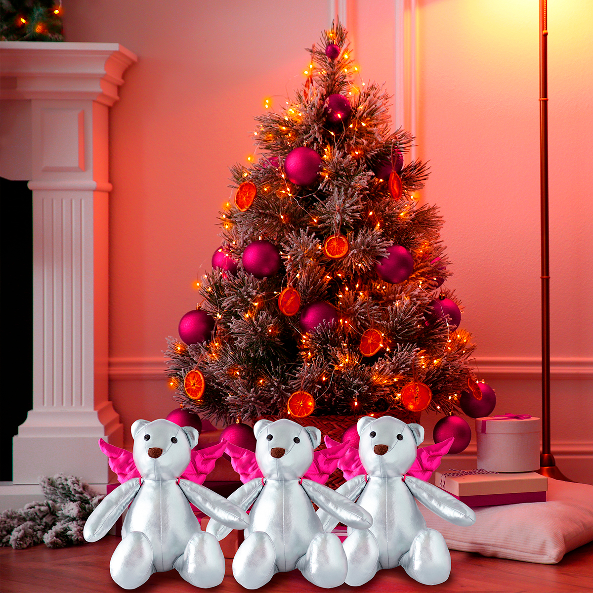 Decoración Navidad Osos de Tela Metálica Adorno Navideño, Set de 3 osos navideños plateados con alas de ángel desmontables  