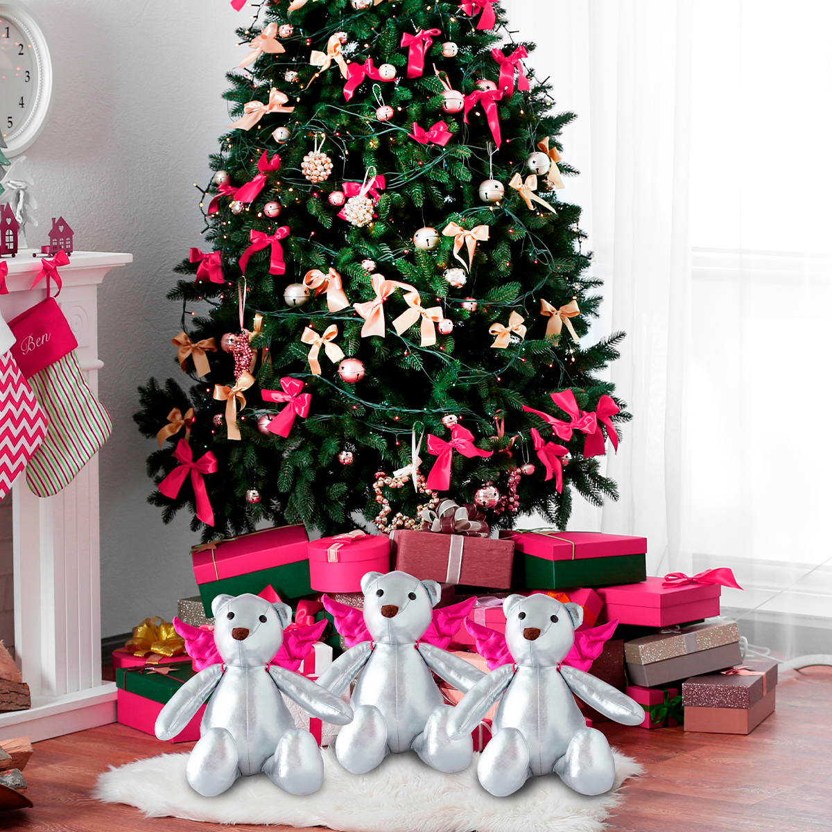 Decoración Navidad Osos de Tela Metálica Adorno Navideño, Set de 3 osos navideños plateados con alas de ángel desmontables  