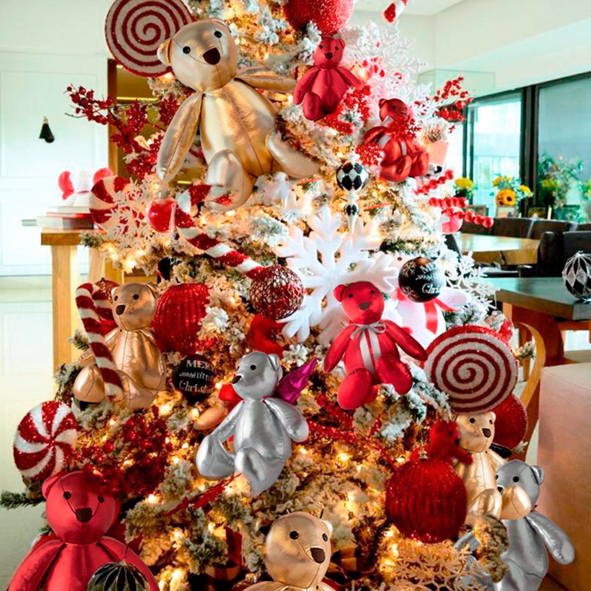 Decoración Navidad Osos de Tela Metálica Adorno Navideño, Set de 3 osos navideños plateados con alas de ángel desmontables  