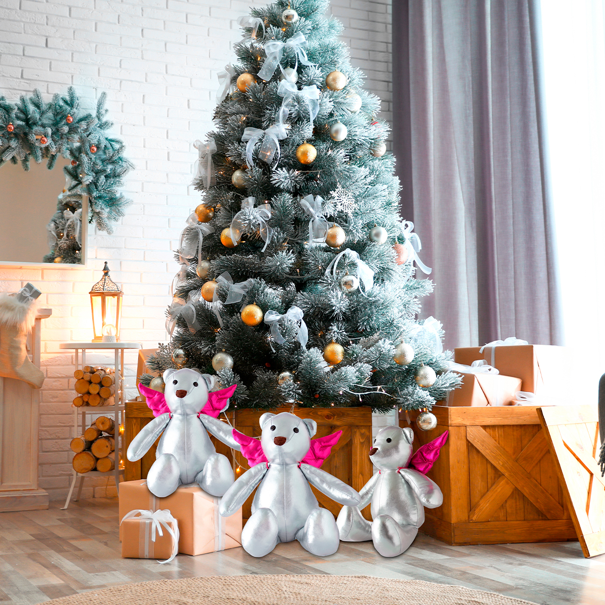 Decoración Navidad Osos de Tela Metálica Adorno Navideño, Set de 3 osos navideños plateados con alas de ángel desmontables  