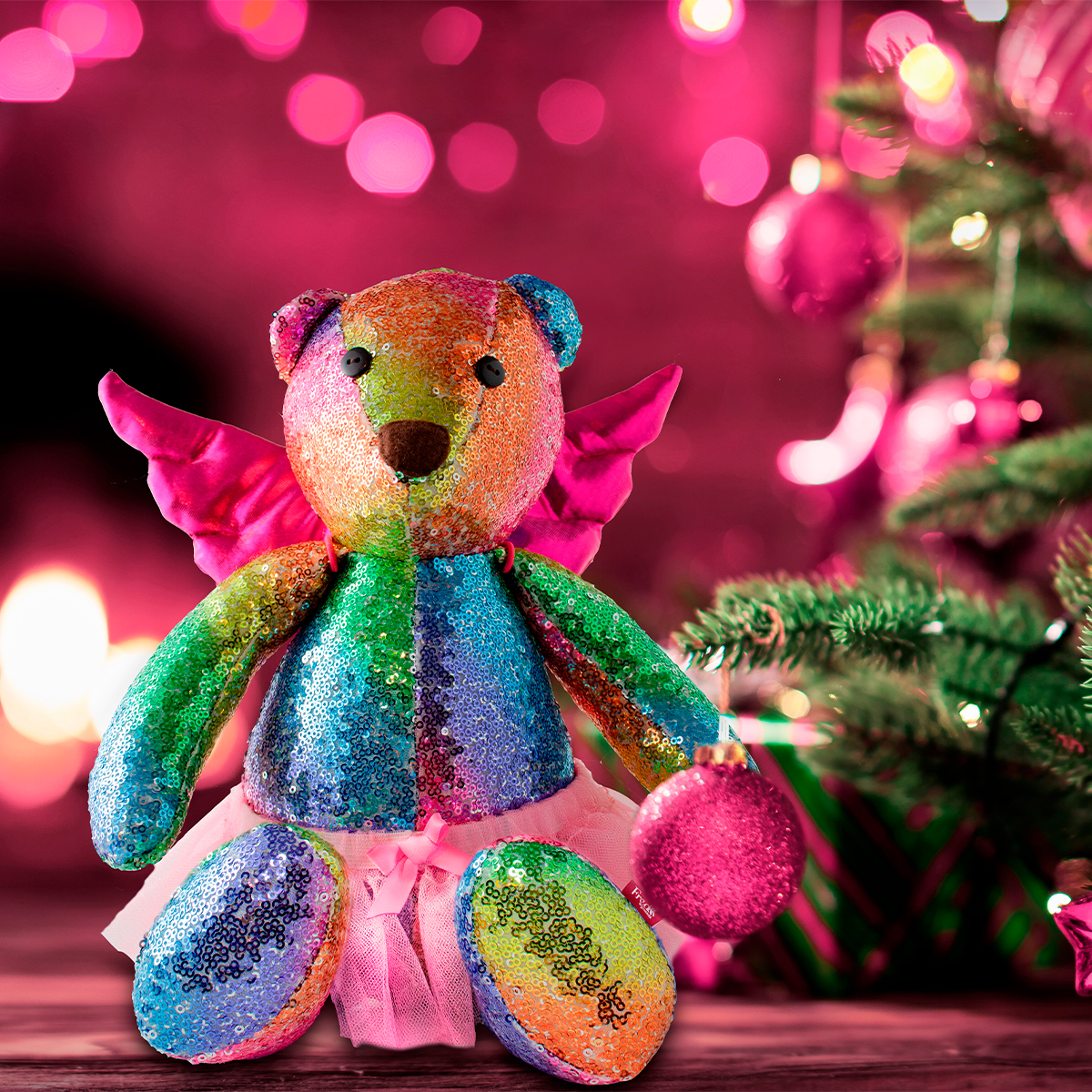 Oso Peluche de Lentejuelas, Adorno Navideño, decoración navideña con alas de ángel y tutú desmontables.