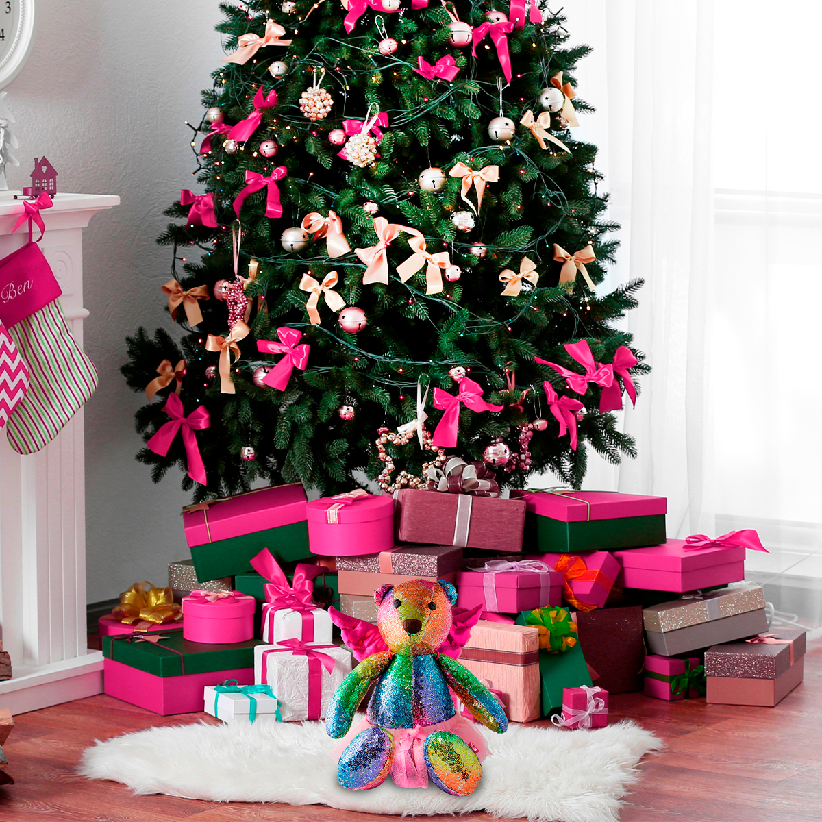 Oso Peluche de Lentejuelas, Adorno Navideño, decoración navideña con alas de ángel y tutú desmontables.