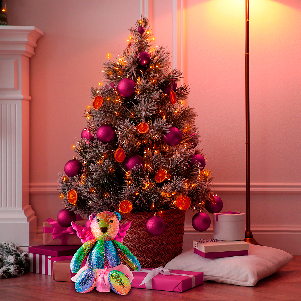 Oso Peluche de Lentejuelas, Adorno Navideño, decoración navideña con alas de ángel y tutú desmontables.