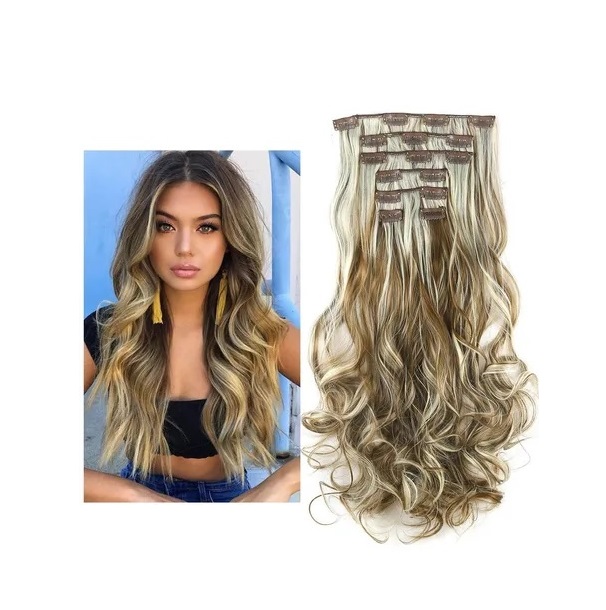 Extensiones De Cabello Sintético Set de 7 piezas con clips ONDULADA 7-M6PH613 RUBIO MEDIO CON RAYOS BEIGE