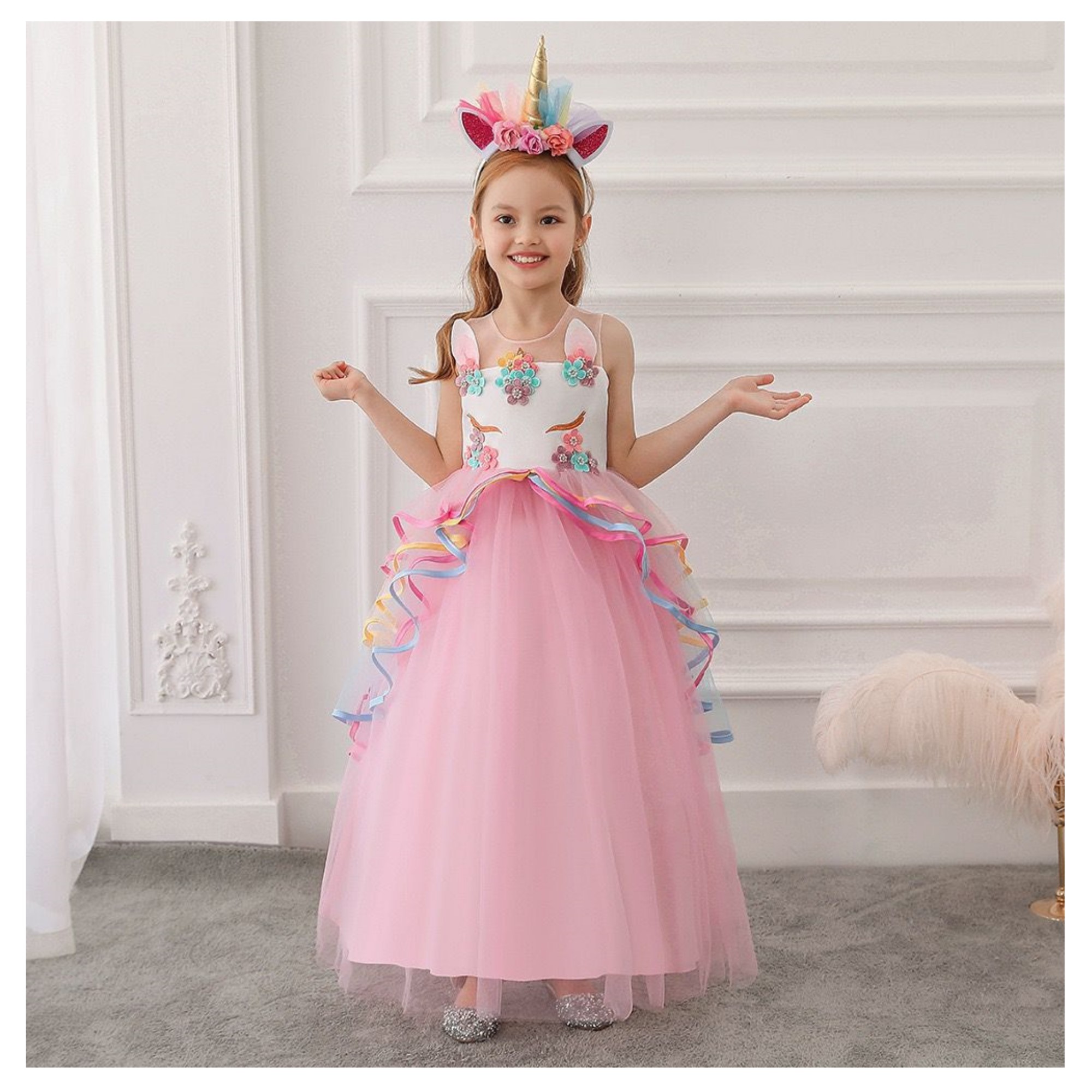 Vestido Largo para Niña Disfraz de Unicornio Con Diadema COLOR ROSA