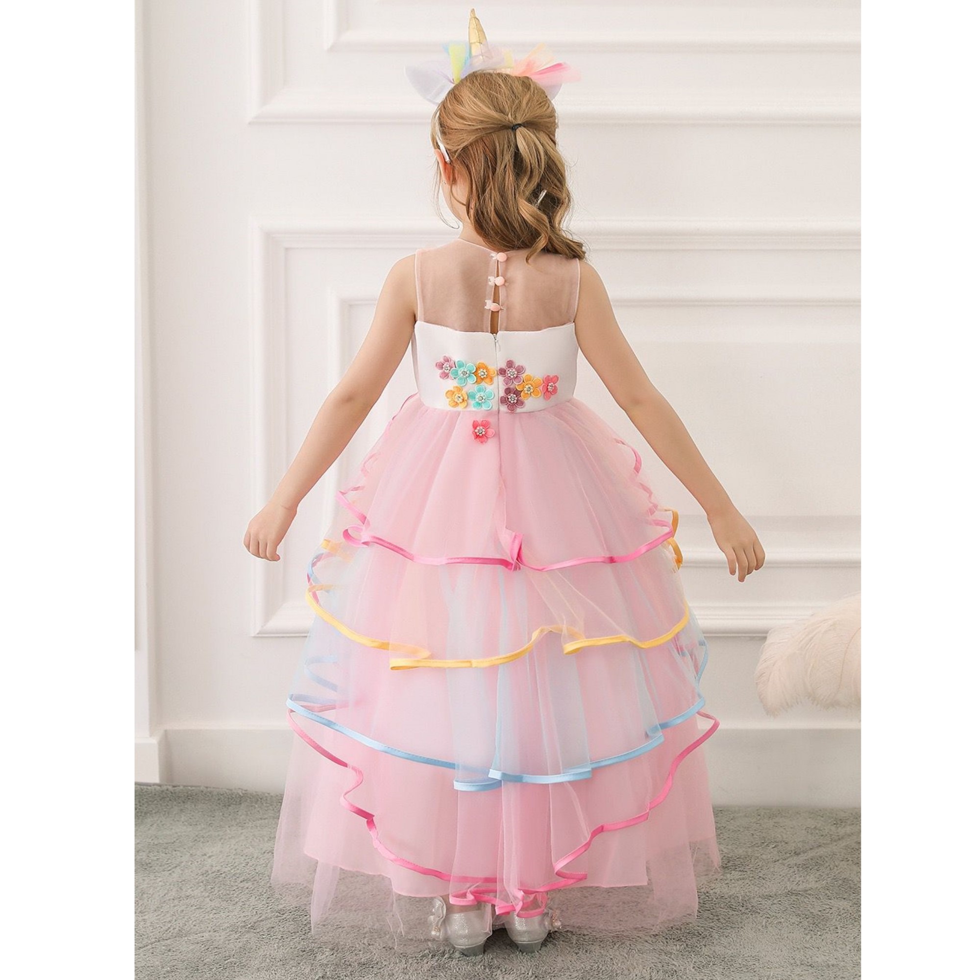 Vestido Largo para Niña Disfraz de Unicornio Con Diadema COLOR ROSA