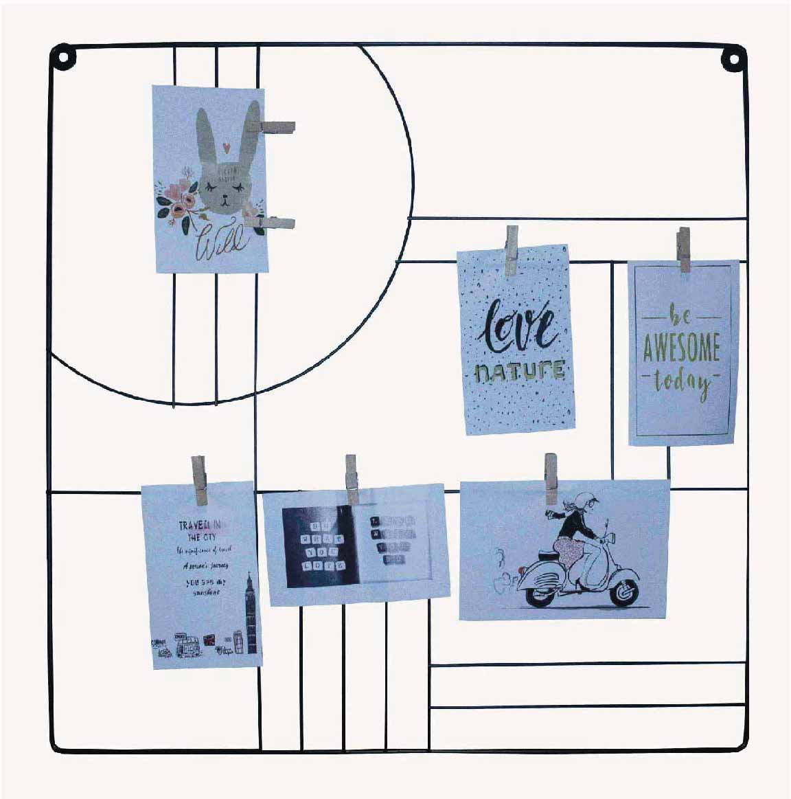 Rack metálico para fotos y recordatorios.