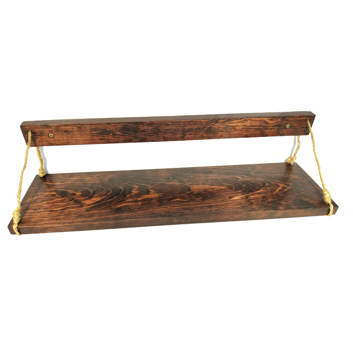 Brico Repisa Flotante de Madera Natural Solida de Pino y Cuerda de Henequen, Color Rojo Caoba