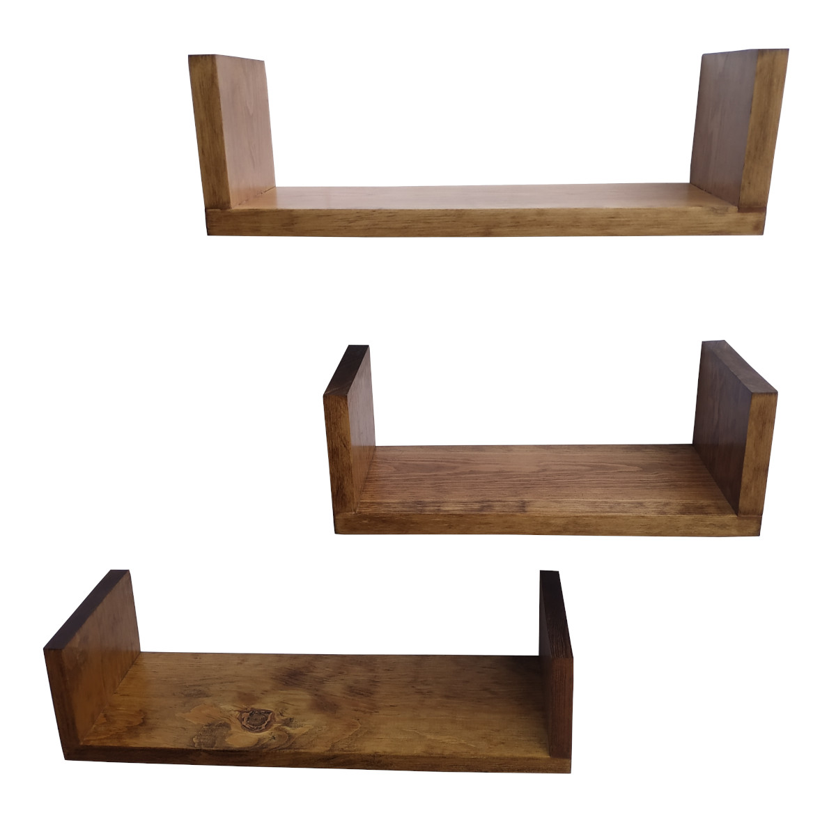 Brico, Juego de Tres Repisas Flotantes de Madera Natural Solida de Pino en Forma U, Color Early American