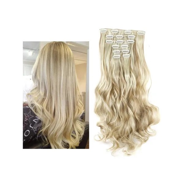 Extensiones De Cabello Sintético Set de 7 piezas con clips ONDULADA 7-16H613 RUBIO CLARO CENIZO RAYOS BEIGE