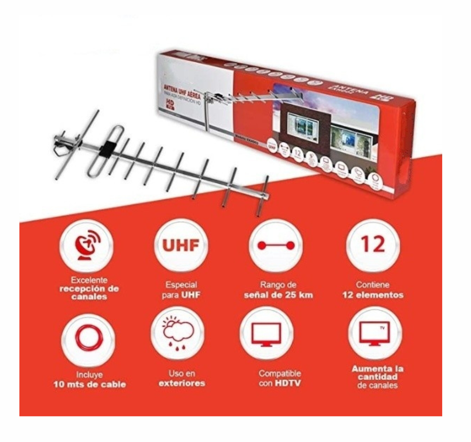 Antena Aérea UHF de TV HDTV Antena receptor HD exterior resistente al clima Alta Definicion Alto Rango de Señal NO INCLUYE TUBO