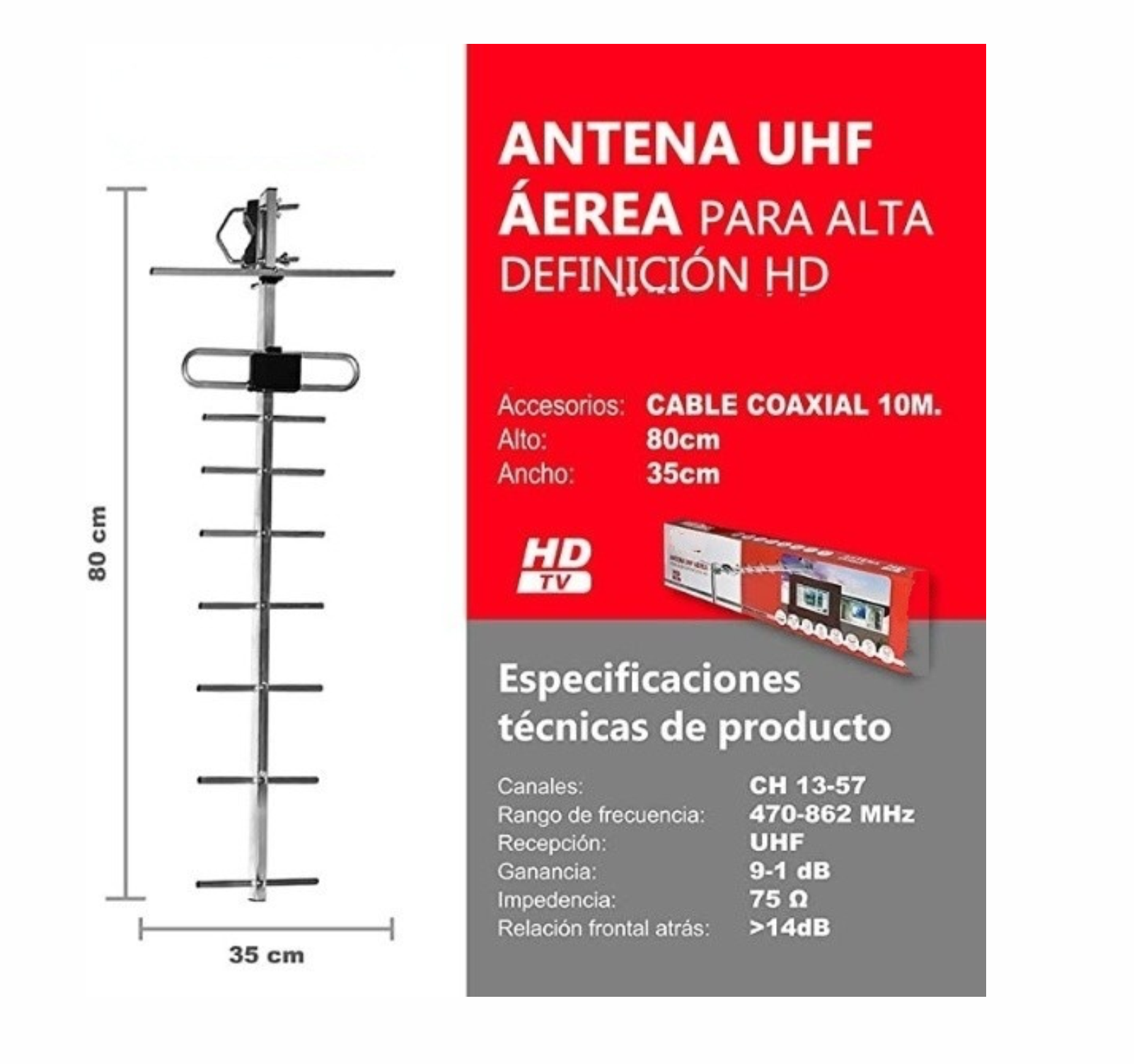 Antena Aérea UHF de TV HDTV Antena receptor HD exterior resistente al clima Alta Definicion Alto Rango de Señal NO INCLUYE TUBO
