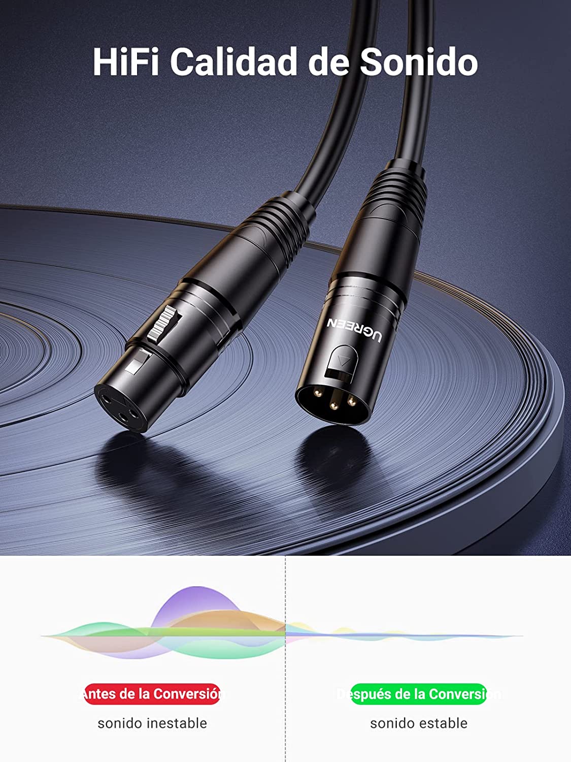 Cable para micrófono XLR Tipo Canon Ugreen, Conector Hembra-Macho, 10m