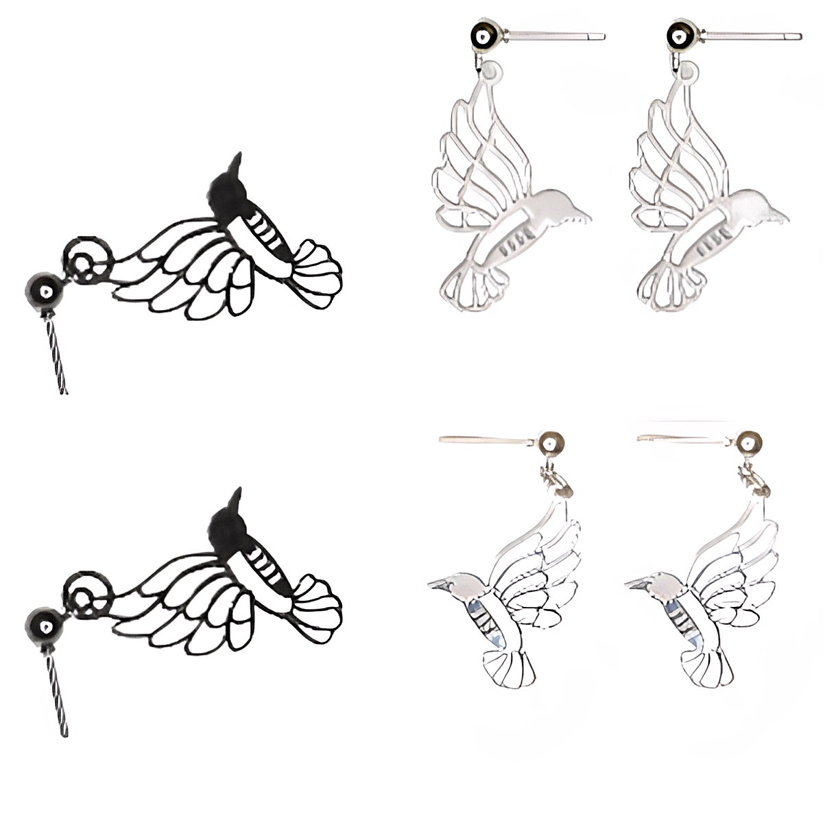 Coleccion de 3 Pares de Aretes Colibri (Negro, Blanco y Color Plata)